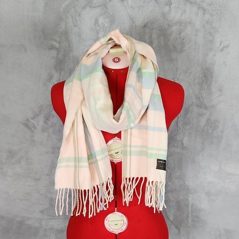 D&Y Softer Than Cashmere Pastel Plaid Fringe Scarf Soft Acrylic Korea
